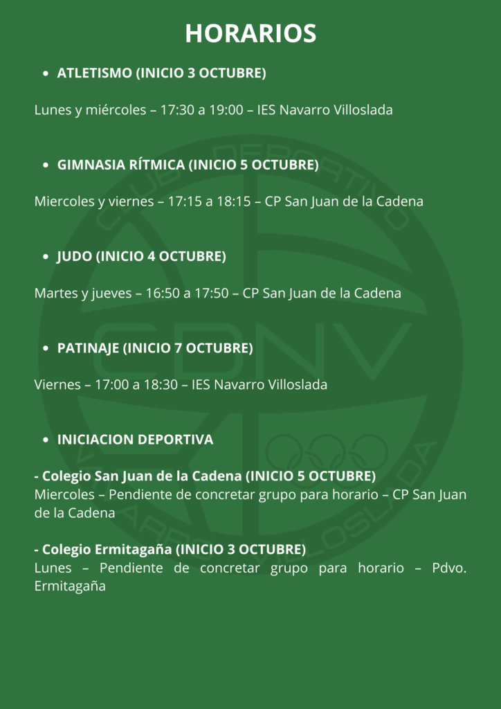 horarios atletismo, gimnasia ritmica, judo, patinaje, iniciacion deportiva