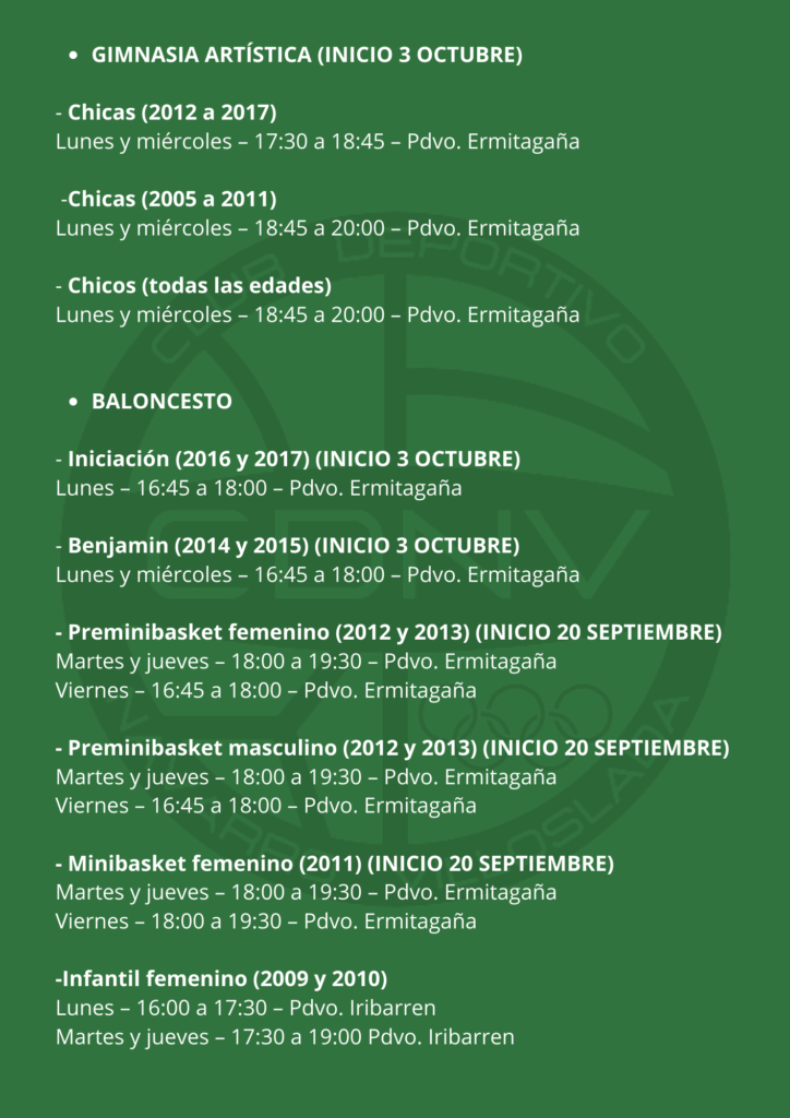 horarios gimansia artistica y baloncesto